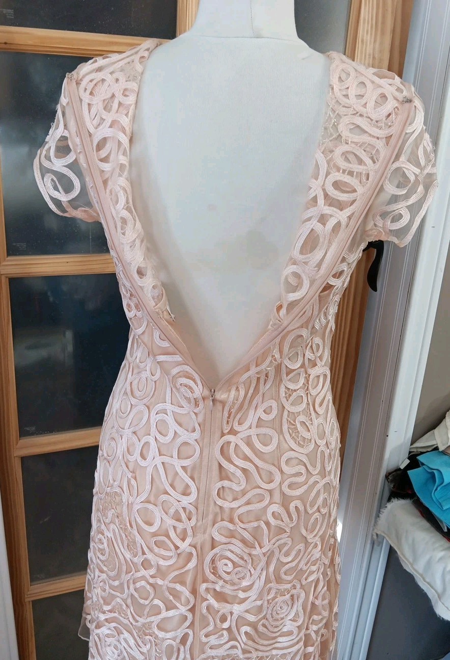 Cinderella Divine Cocktail Dress Ribbons Sequins Beads Overlay Peach Knee NWoT