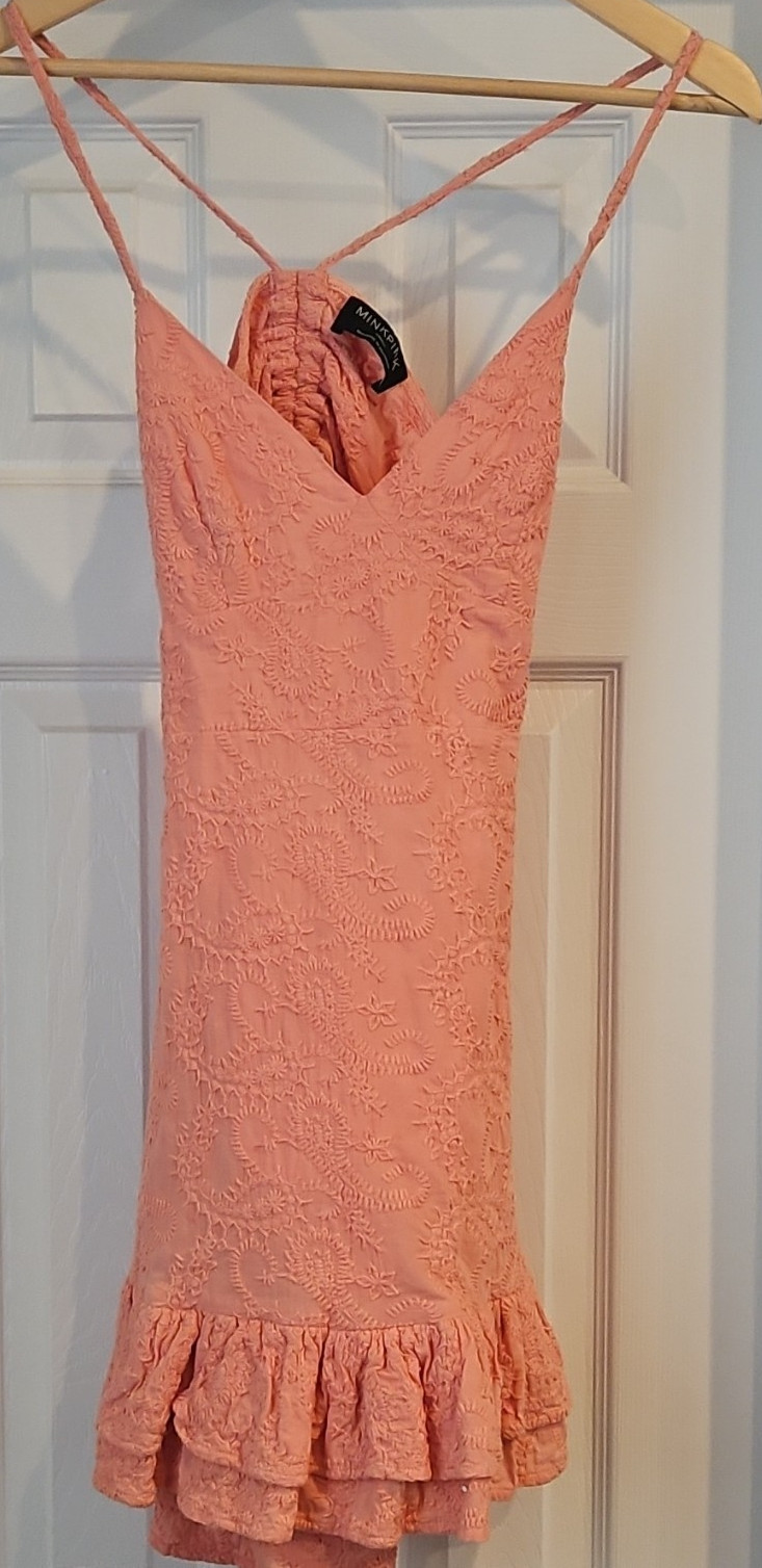 MINKPINK Pink Floral Lace Mini Dress Sleeveless V-Neck Strappy Ruffle Hem S