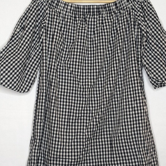 SOPRANO GINGHAM DRESS SMALL OFF SHOULDER BLACK WHITE TRAPEZE PUFF SLEEVES Spring