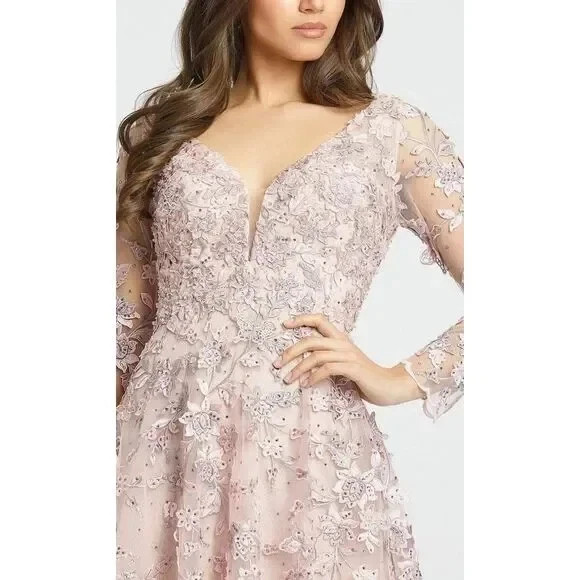 Mac Duggal 70224 Floral Applique Long Sleeve Illusion Gown Rose Pink Size 12 NWT