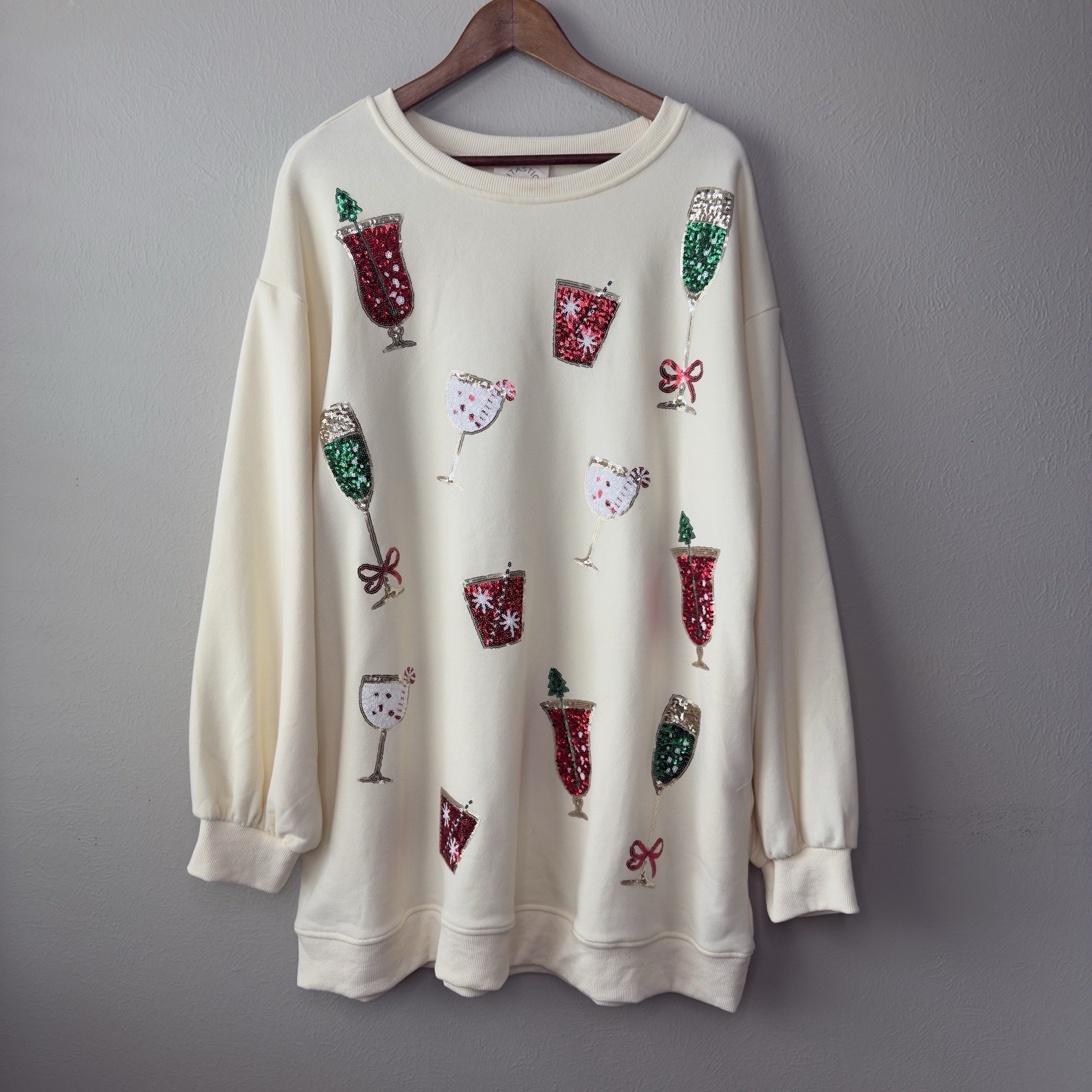 Fantastic Fawn L Sequin Christmas Drink Applique Pullover Sweatshirt Mini Dress