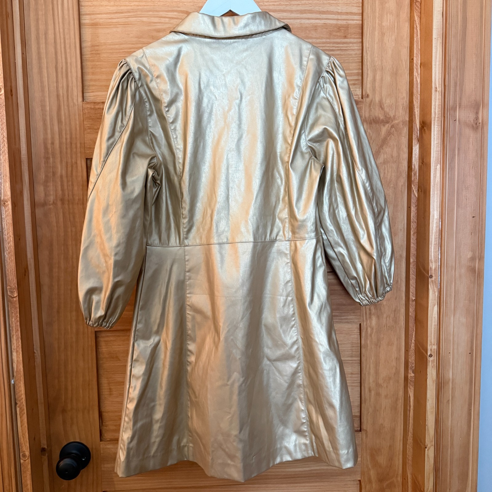 Karlie Gold Metallic Snap Button Puff Sleeve Faux Vegan Leather Dress size M
