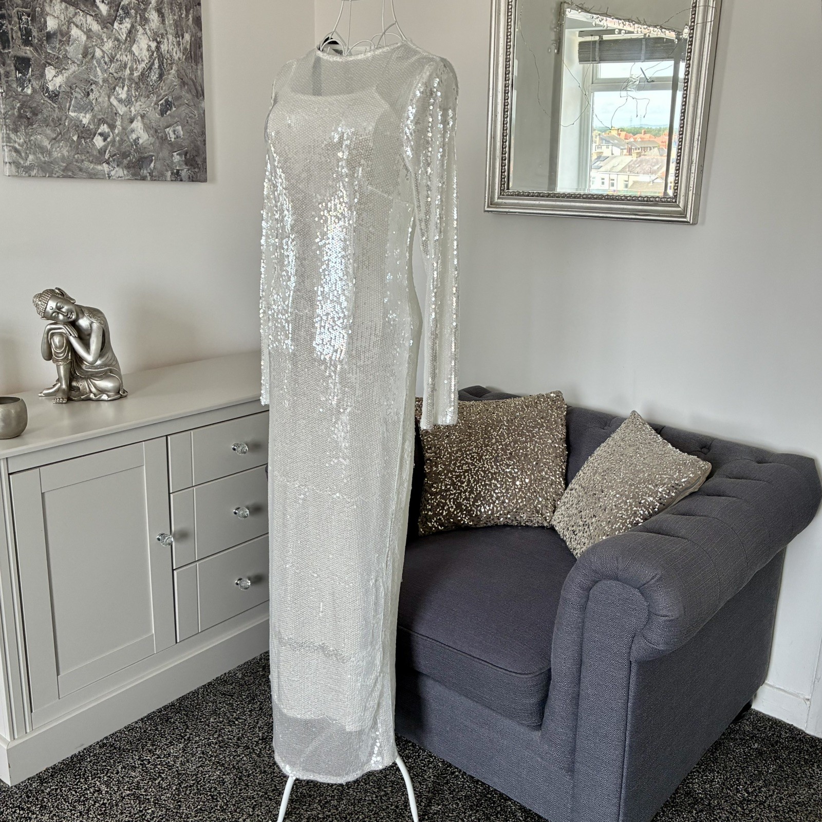 Rare London White Sequin Round Neck Long Sleeve Maxi Dress With Cami 8 RRP £95