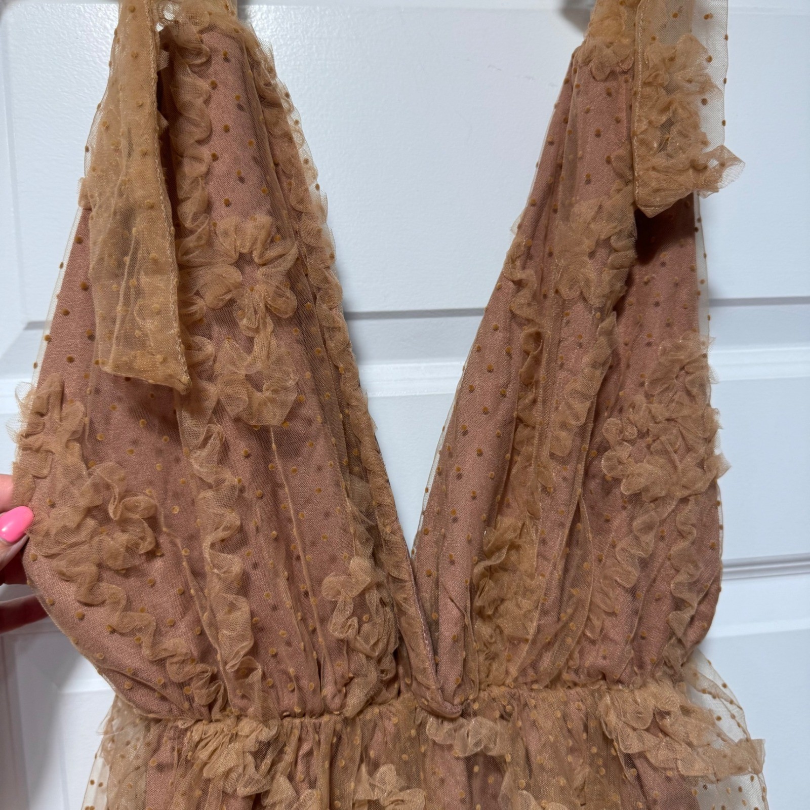 Just Me Tan Tulle Swiss Dot Tiered Ruffle Midi Dress