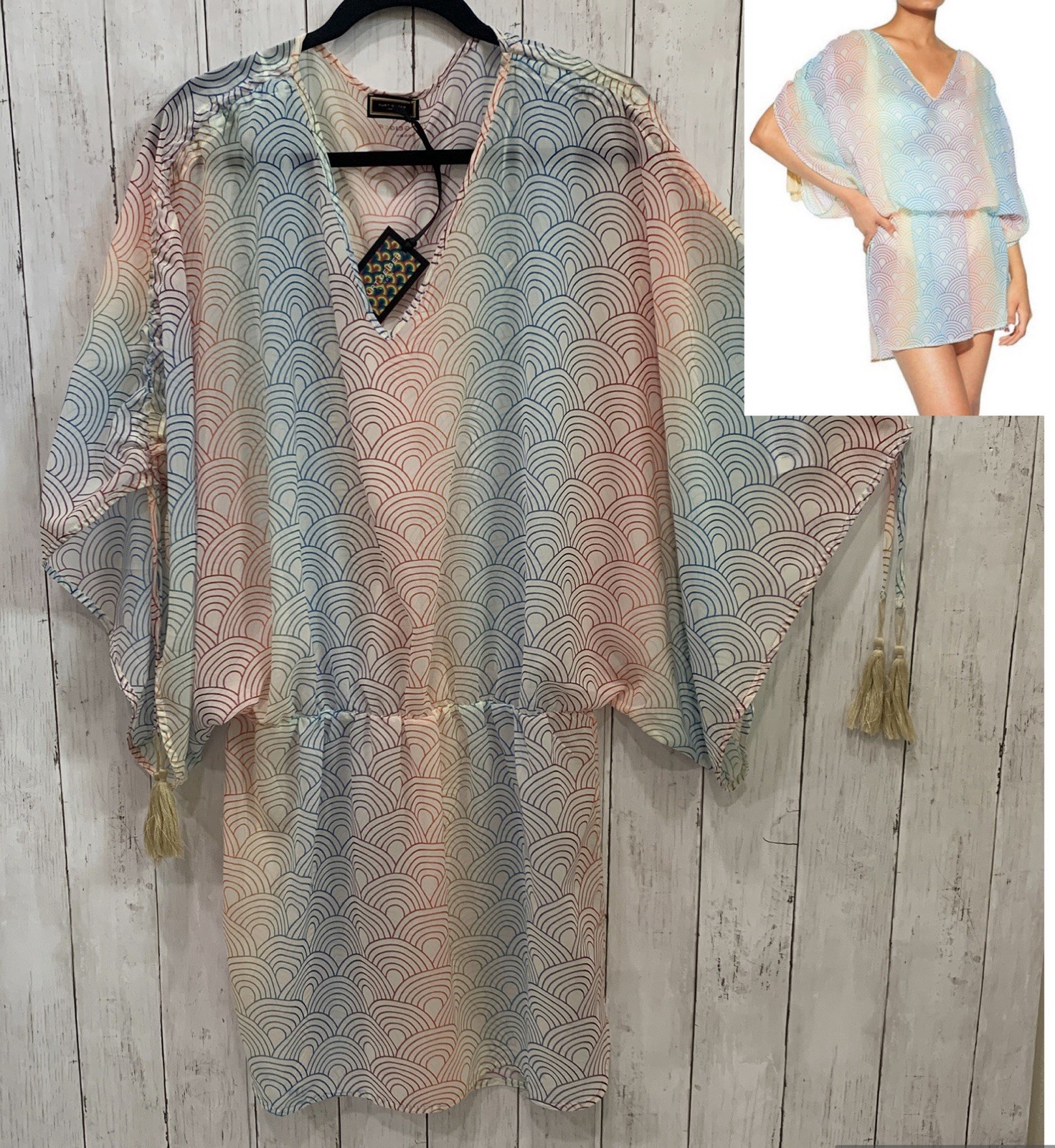 Kurt Geiger London Southbank Rainbow Chiffon V-Neck Swim Cover Up XL Tunic