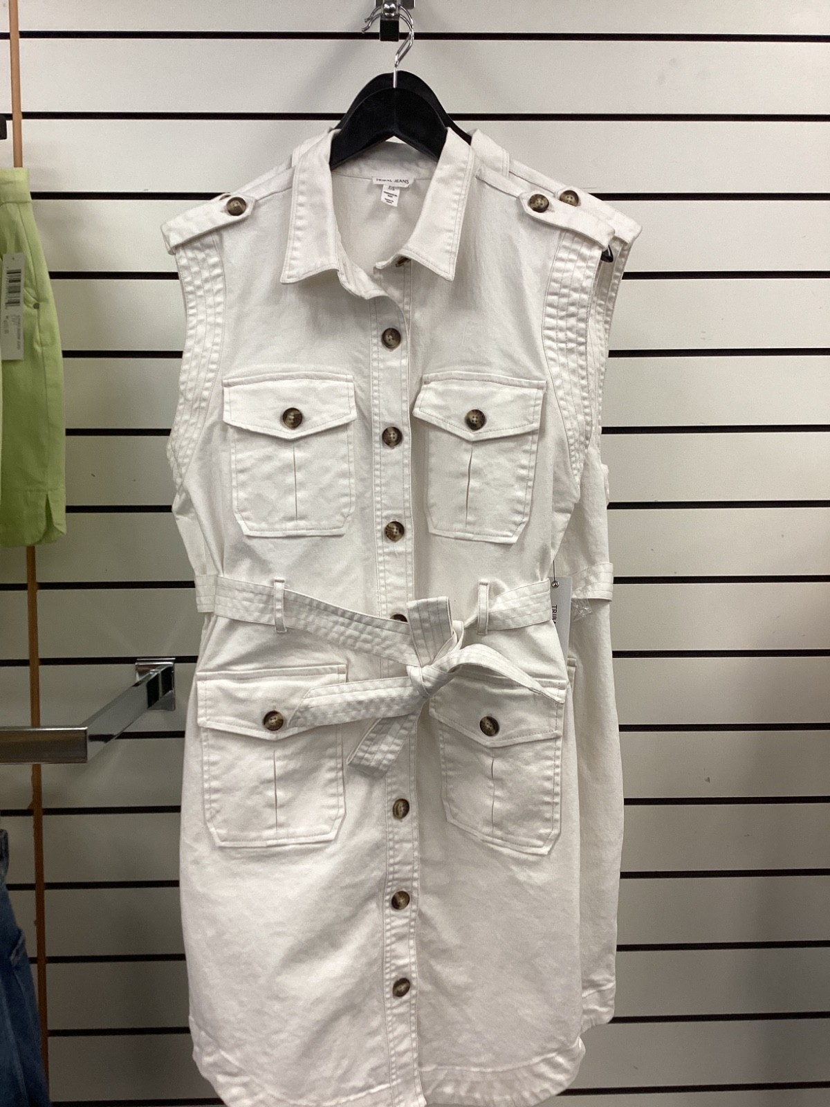 tribal jean dress with buttons and belt, four pocket white in a size small