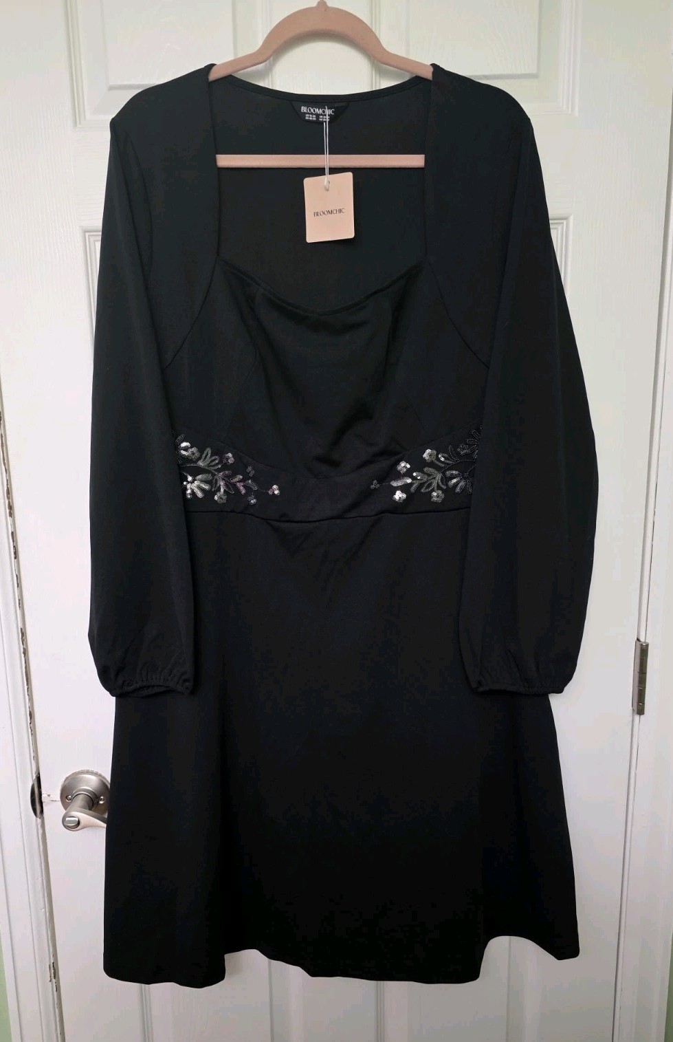BloomChic Sequin Embroidery Waist-Defining Pocket Knee Dress Black 18-20/2X