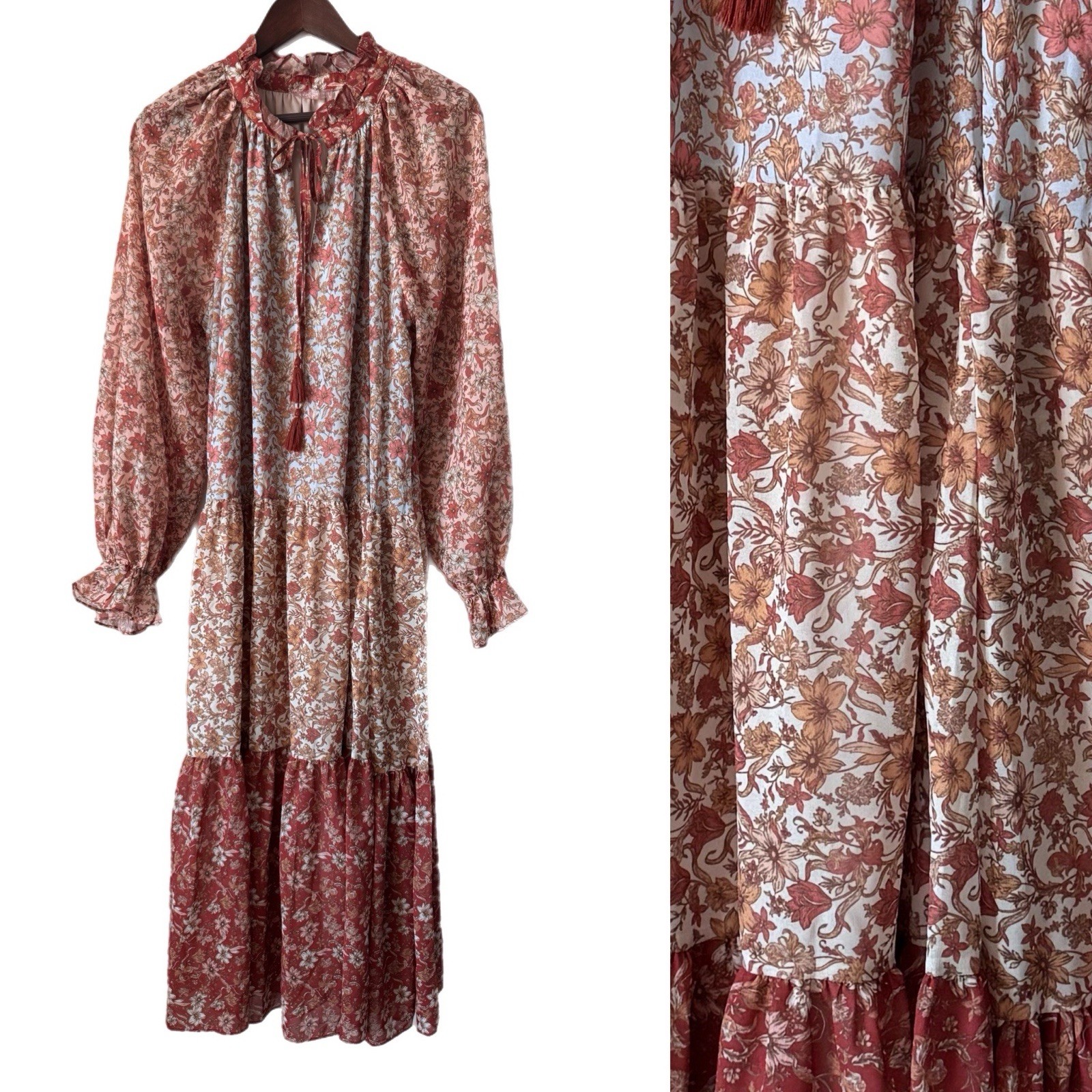 Love Colette Dress Midi Tiered Mixed Prints Prairie Peasant Cottagecore Sz L