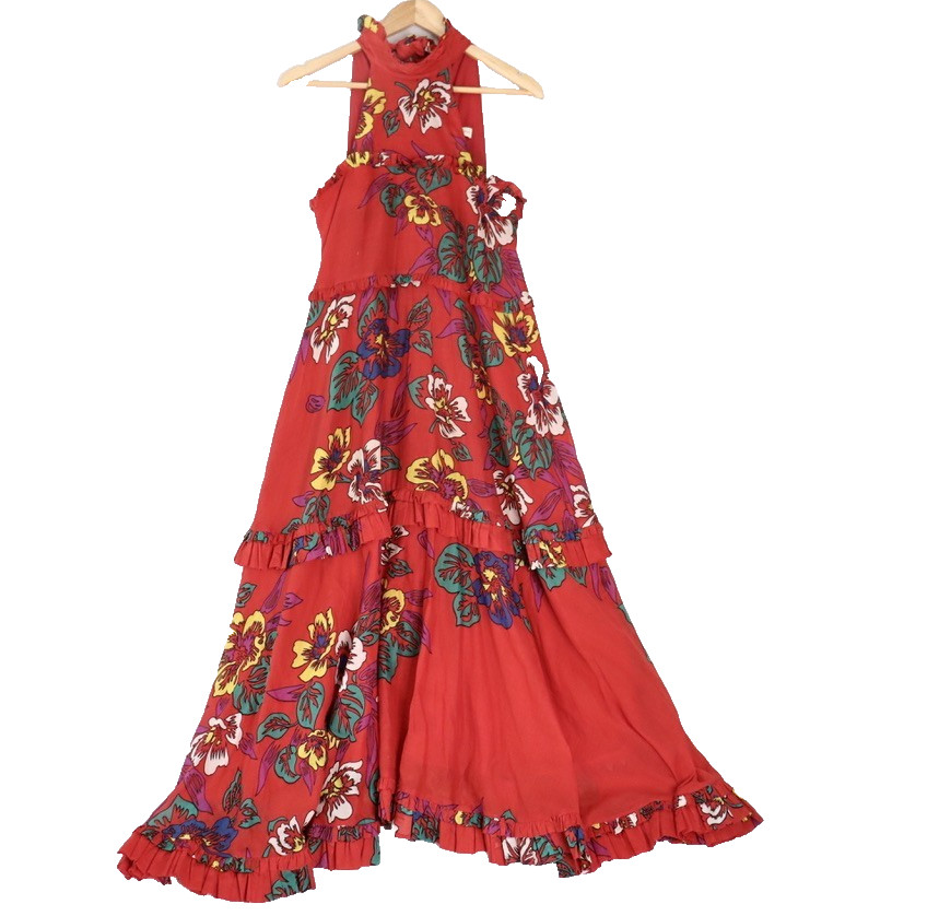 Scanlan Theodore Womens Maxi Dress Size 6 US2 Red Floral Voile Cotton High Neck