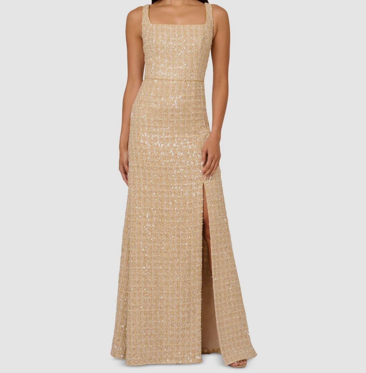 Adrianna Papell Women Beige Boucle Sequin Square Neck Dress Petite Size 6P