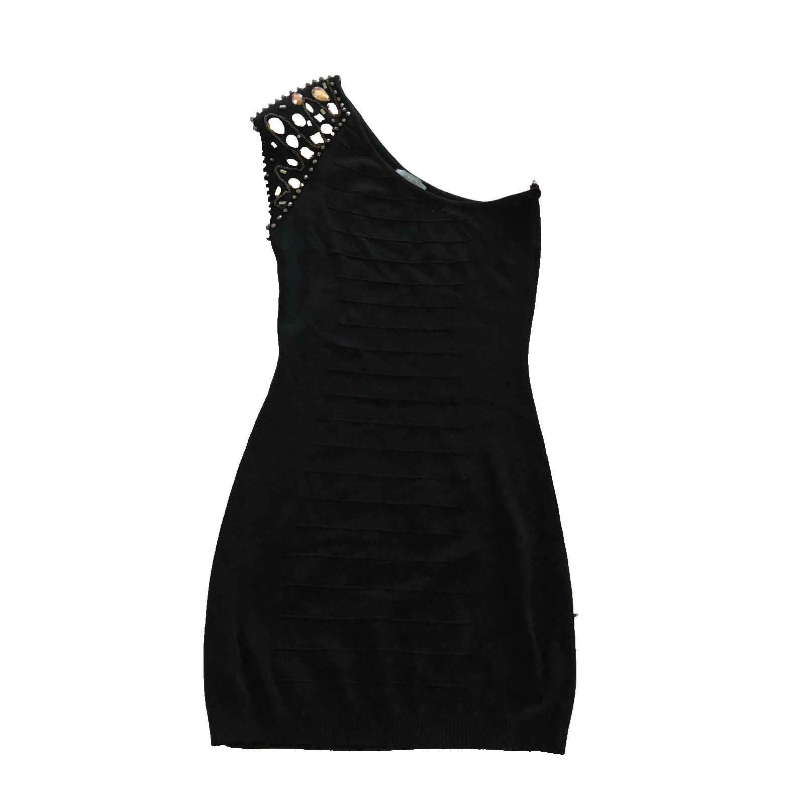 Do & Be Women’s Black One Shoulder Mini Dress Size S Knit Bodycon Beaded Stretch
