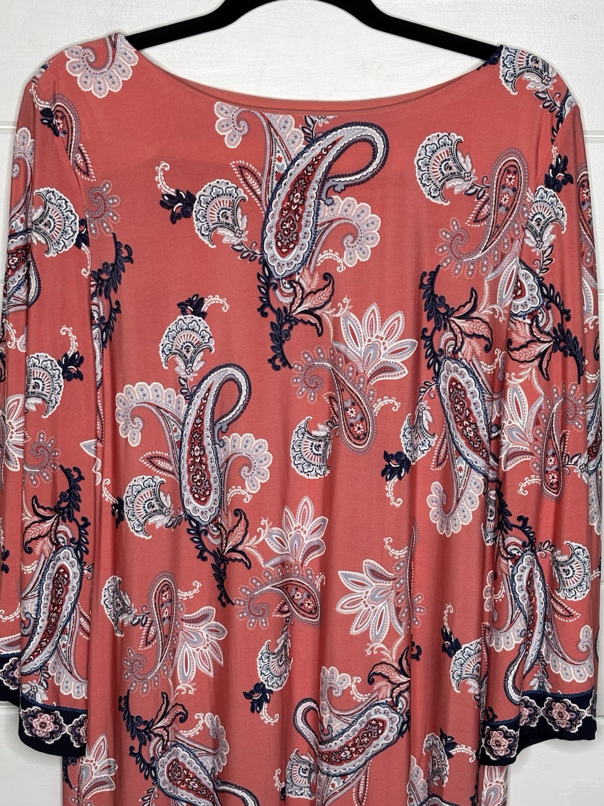 Studio One NY Coral Paisley Shift Dress Size XL Bell Sleeve Border Print Stretch