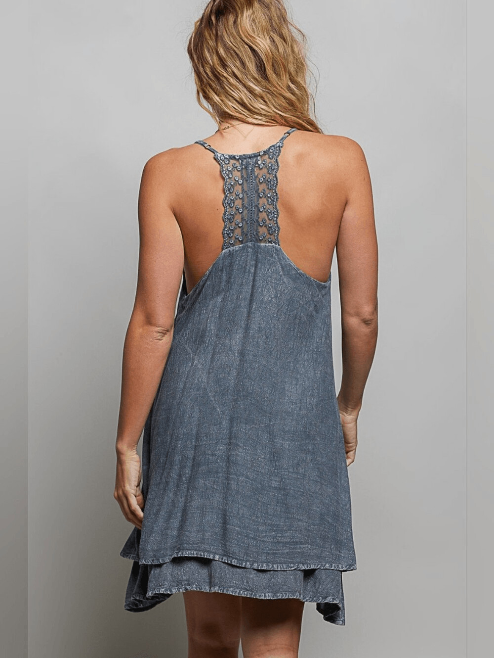 POL Embroidered Adjustable Strap Mini Washed Slate Blue Layered Blue Dress