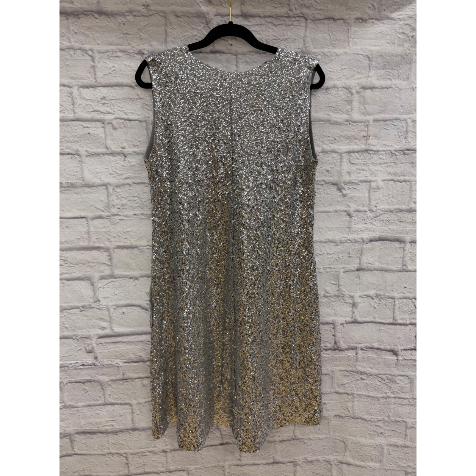 Norma Kamali Silver Sequined Mini Dress Sleeveless Shift Party Glam Womens M/38