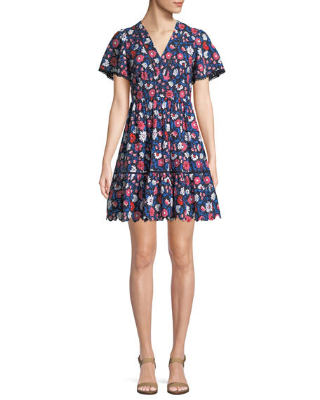 KATE SPADE Navy Pink White Floral Daisy Eyelet Embroidered Fit Flare Dress 6 = S
