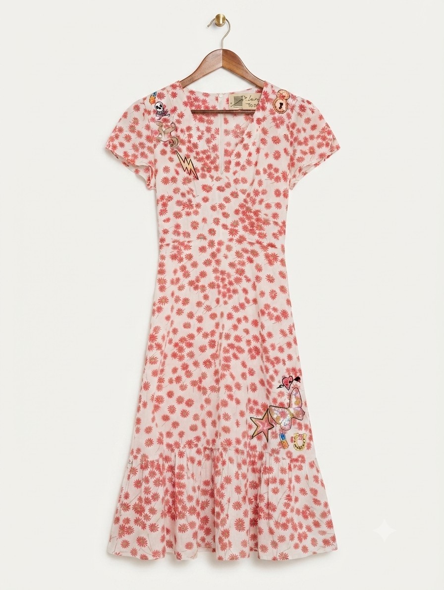 Rare Laura for Topshop Vintage Daisy Print Midi Dress Size S Embroidered Tattoo