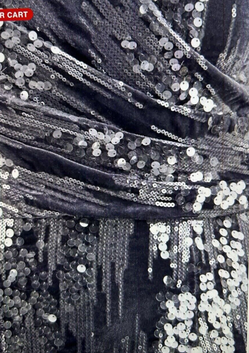 JS Collections June Sequin Velvet Faux Wrap Cocktail Dress in Gray/Silver Sz 16