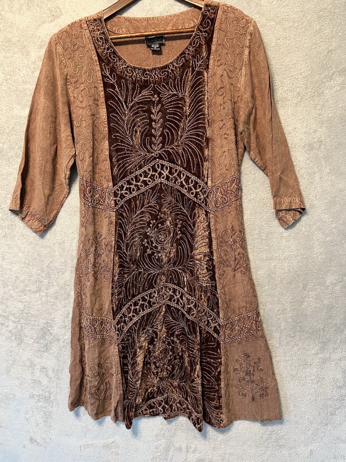 Vintage Starina Midi Brown Stitches Velvet Inlay Dress WHIMSY BOHO Y2K HIPPIE