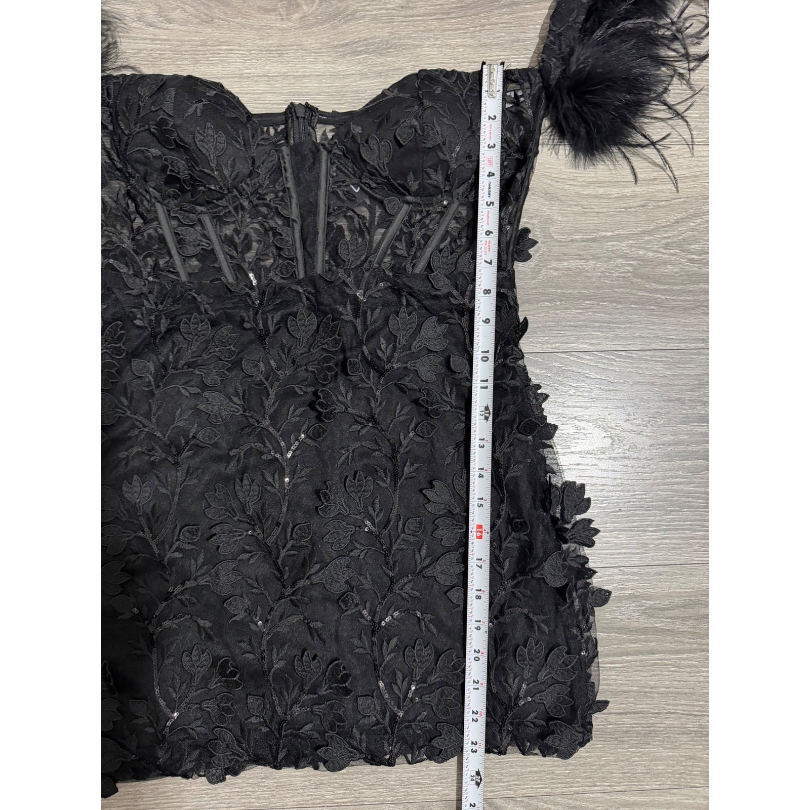 Goth Corset Mini Dress XL Black Sequin Embroidered Feather Off-the-Shoulder Glam