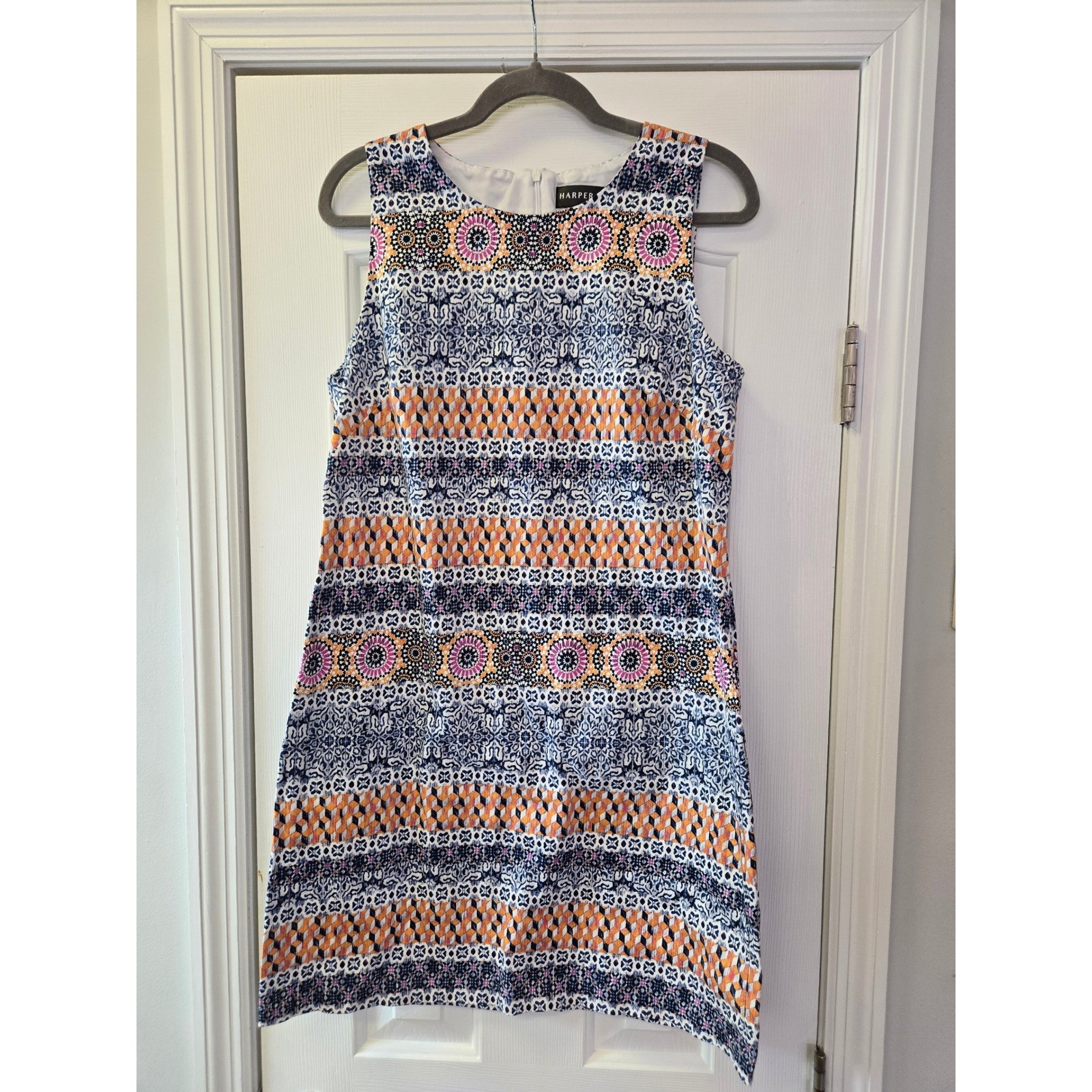 Harper 241 Womens Blue Orange Geometric Medallion Shift Dress WD032 Size 10