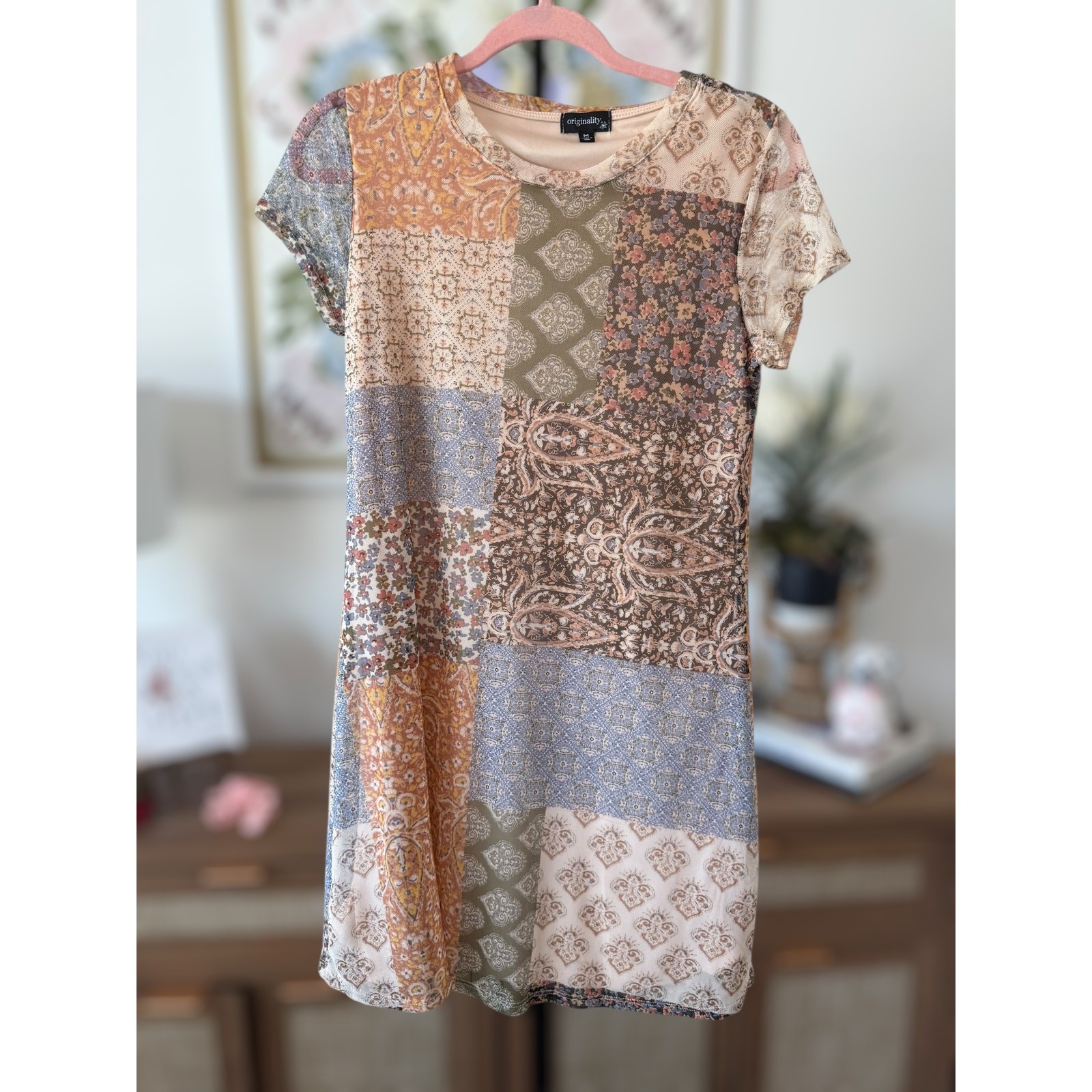 Originality Short Sleeve Mesh Patchwork Mini Dress Multicolor Womens Size Medium