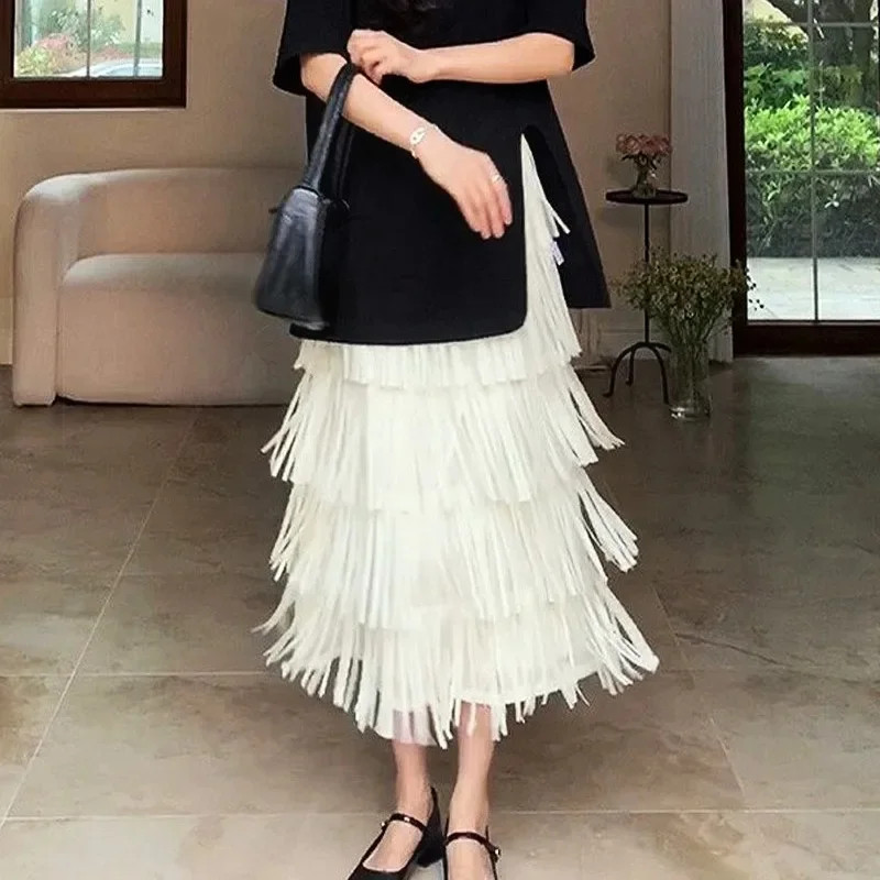Multifunctional Slimming Tassel Cake Skirt Medium and Long Dress Elastic Waist D