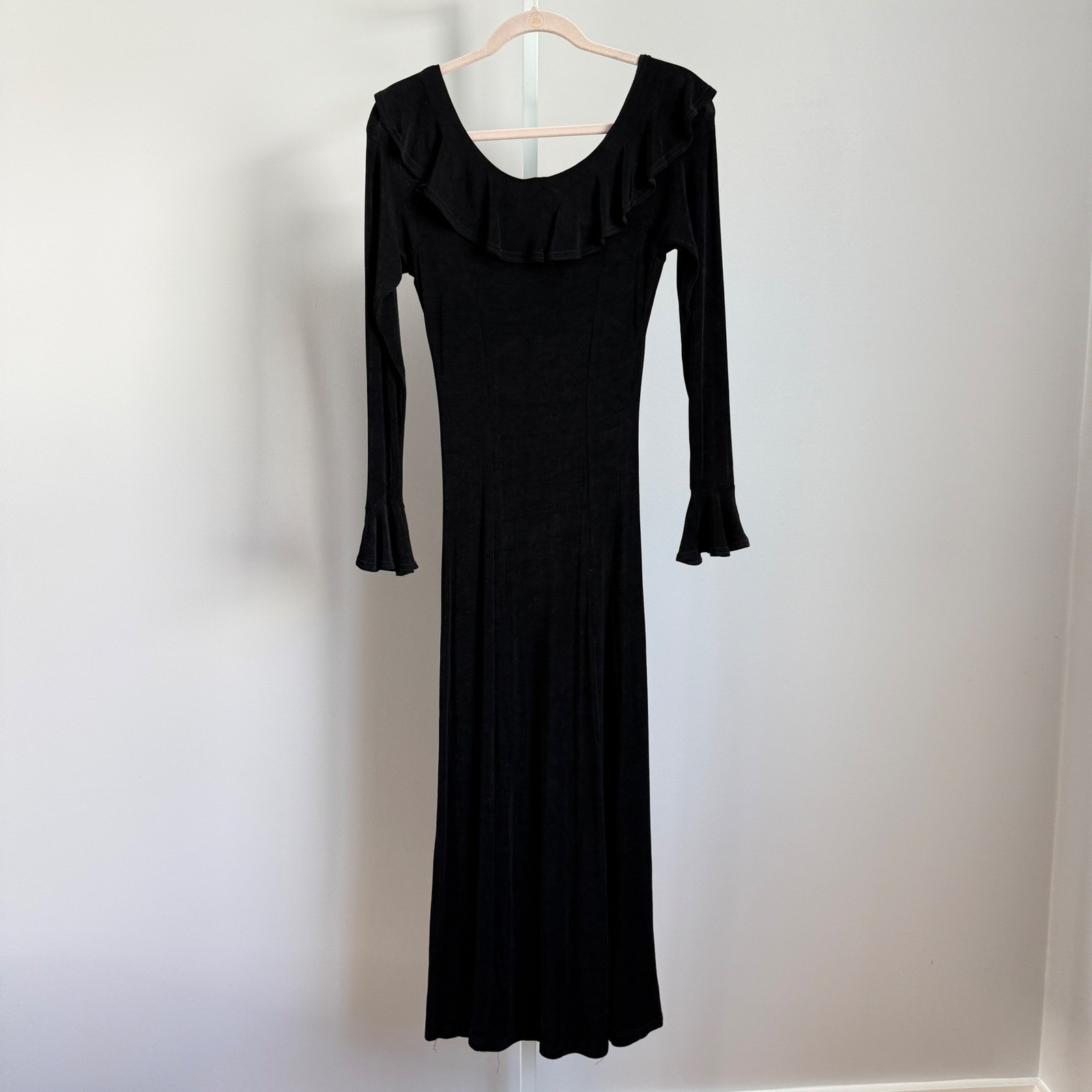 VTG BASIC USA sz M Black Long Sleeve Ruffle Neck Maxi Dress Witchy Whimsygoth