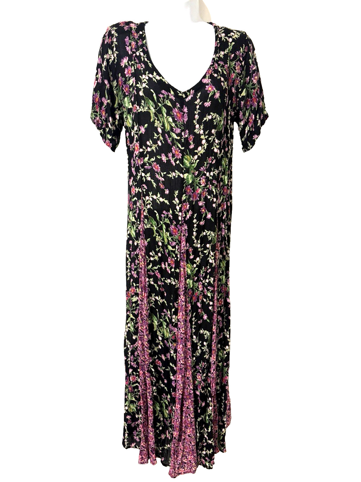 Vtg 90s Nostalgia Maxi Dress~S~Black Floral Gored Skirt Tie back Short Sl Grunge