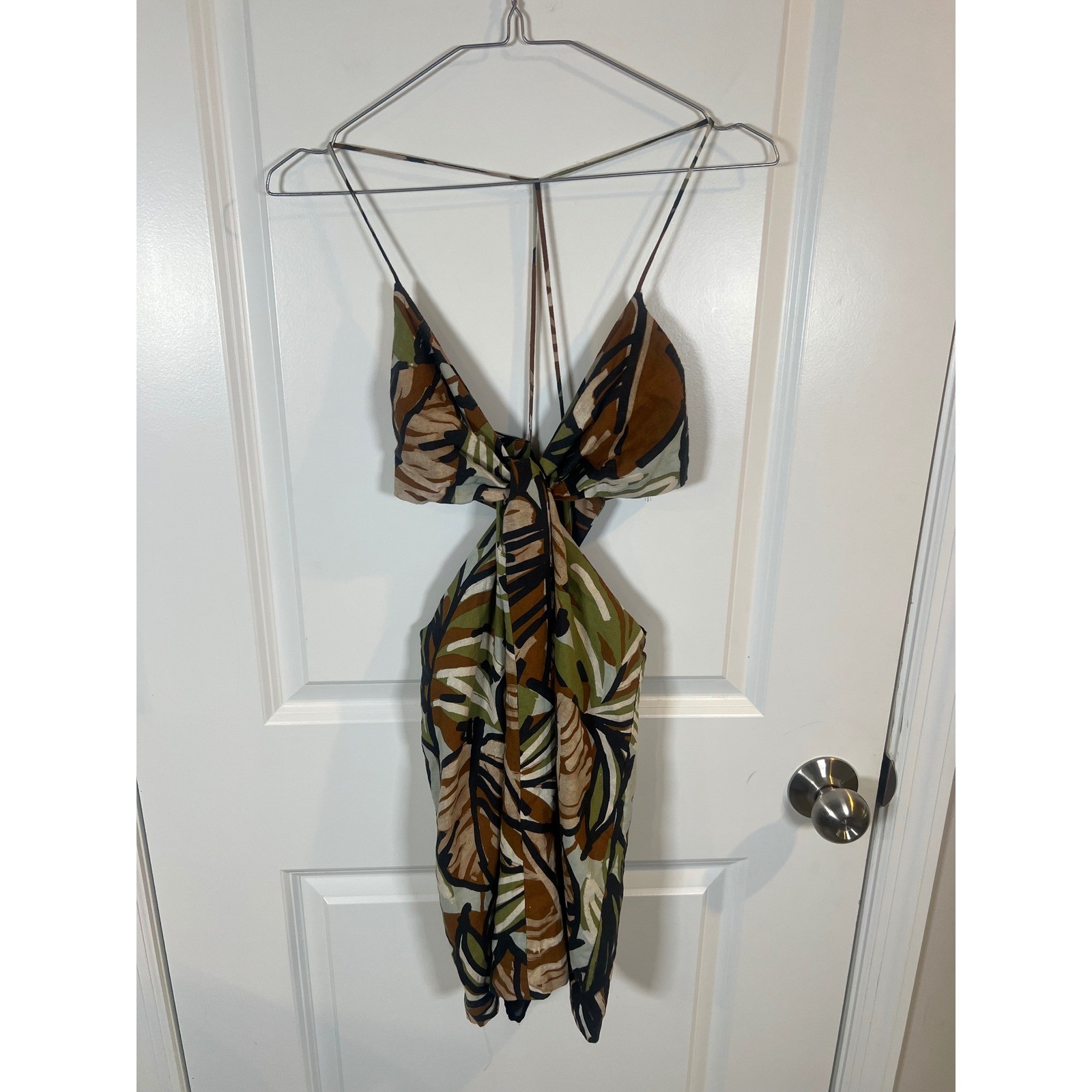 Zara Womens Mini Dress Cutout Knot Front Tropical Leaf Print Brown Green Size S