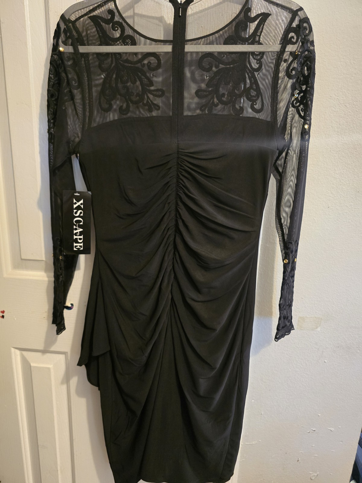 Xscape Black Sheer Mesh Beaded Ruched Sheath Long Sleeve Knee Dress 8