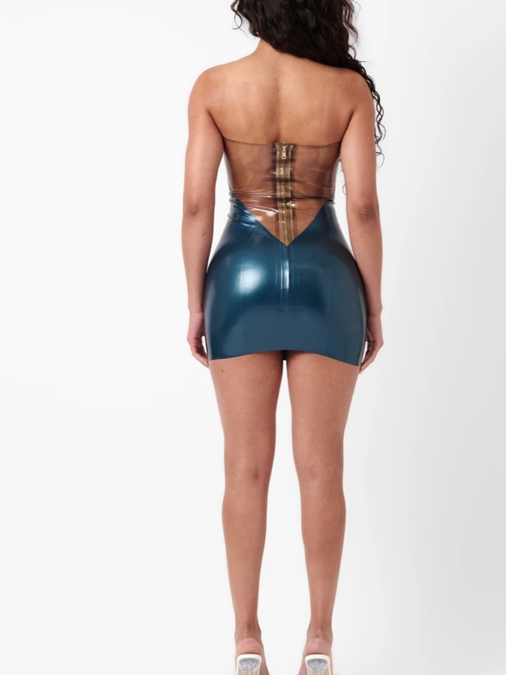 BUNNY LATEX MINI DRESS PEACOCK BLUE XS Rhinestone Festival