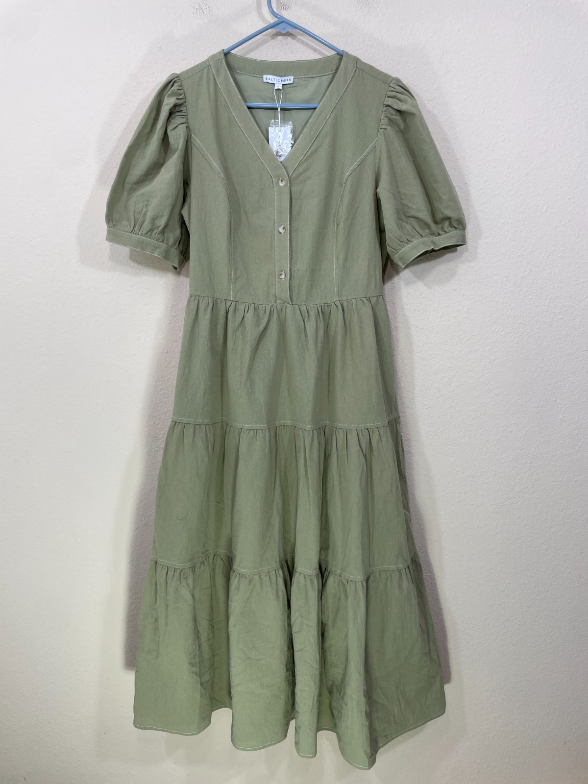 NEW Baltic Born Dress Size L Shelby Midi Tiered Cotton Sage Green Pockets NWT