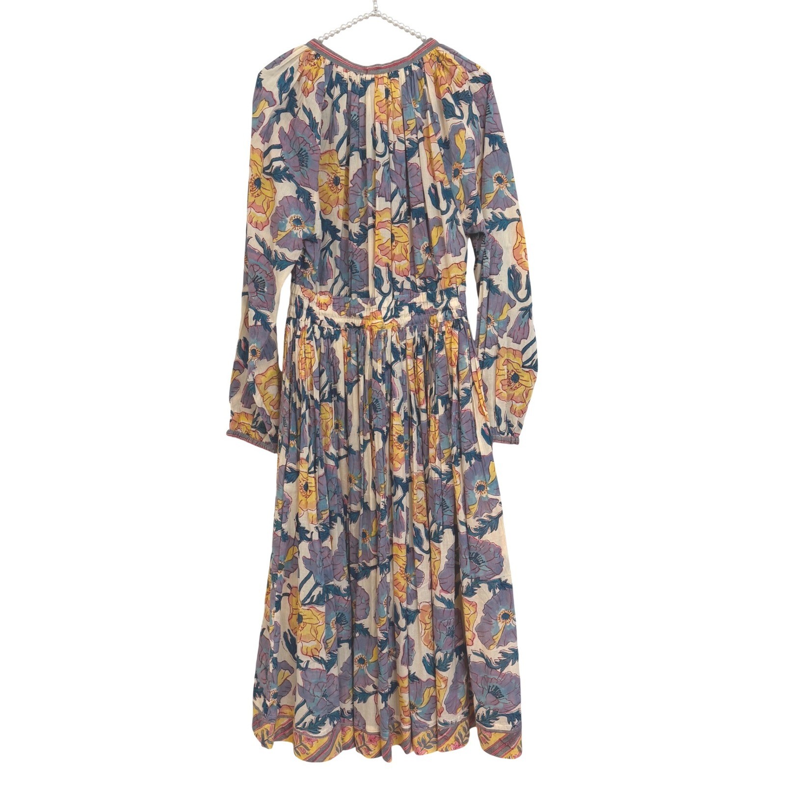 Dori Floral Poppy Print Cotton Boho Midi Dress Purple Yellow Cottagecore L/XL