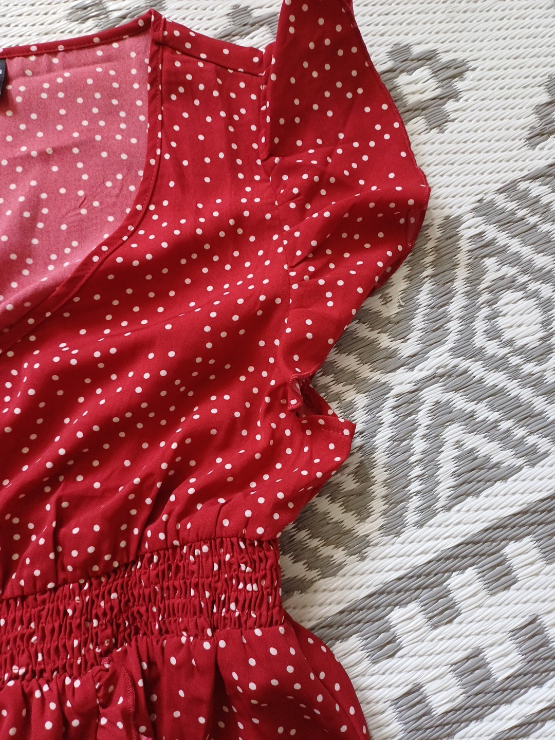 Red white Polka Dot Waterfall floaty Shirred Maxi summer Dress 👗 S M 10 12