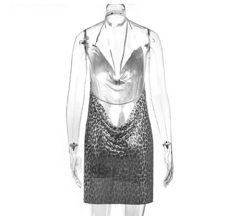 Hot Metal Chain Halter Women Backless Mini Dress High Slit Night Dress Party
