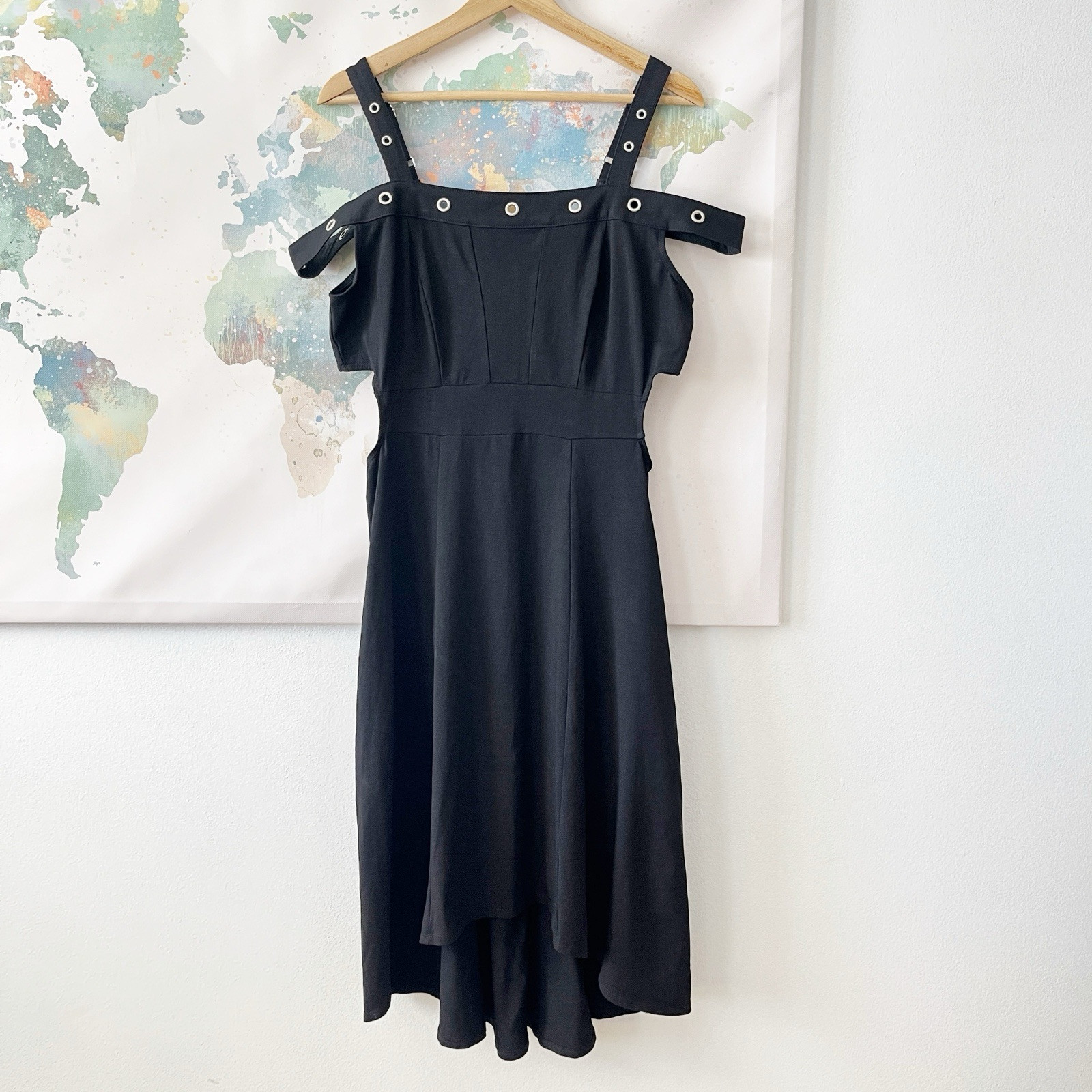 Tripp NYC Dress Size Large Grommet Hi Low Hem Black Cold Shoulder Goth NWT