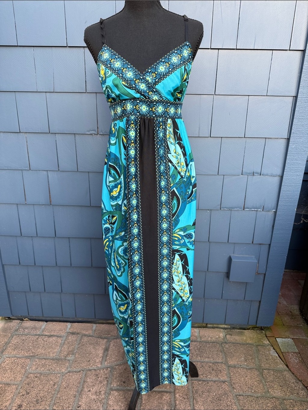 Snap Turquoise and Black Printed Maxi Dress medium 70’s style blue retro