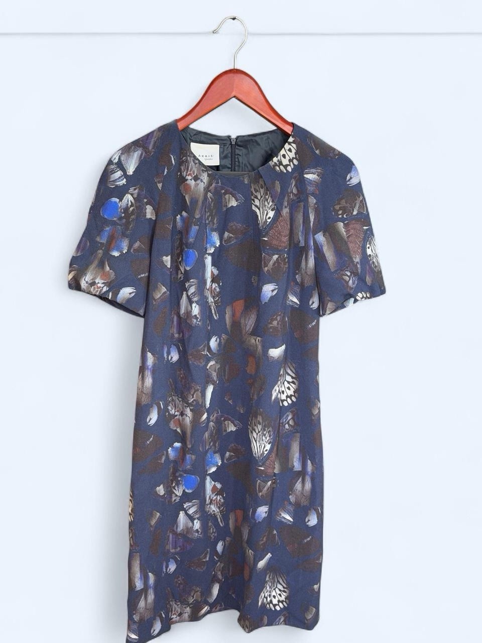 Akris punto Blue Brown Abstract Shift Dress 8 Pleated Lined Short Sleeve Wool