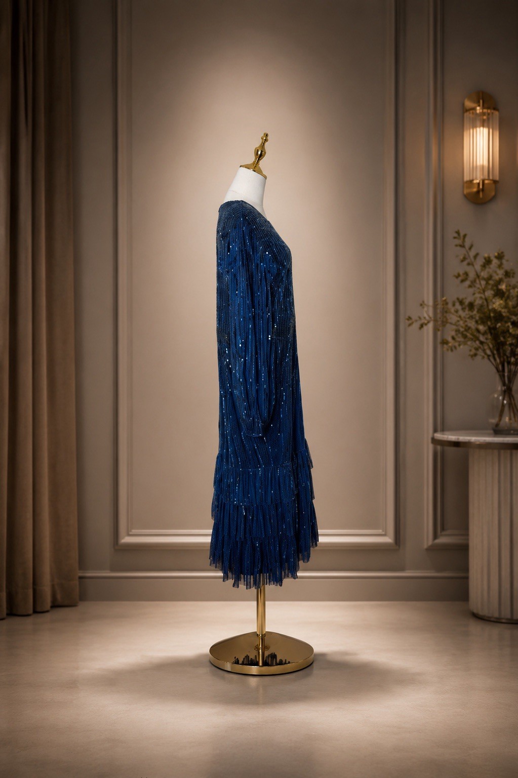 Mac Duggal 23003 Midnight Blue Sequined Tiered Midi Dress Long Sleeve Sz 16 $698