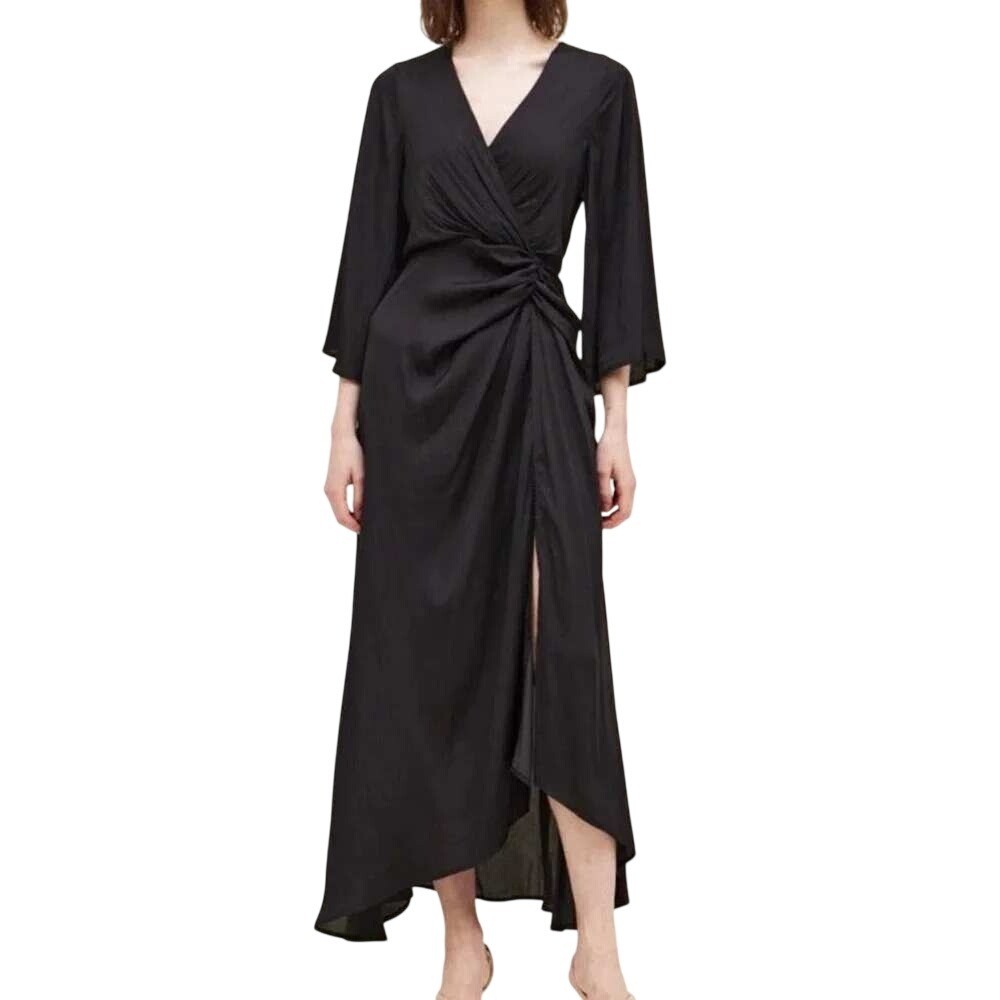 Grade & Gather Womens Black Twist Front Satin Maxi Dress Size Small Side Slit