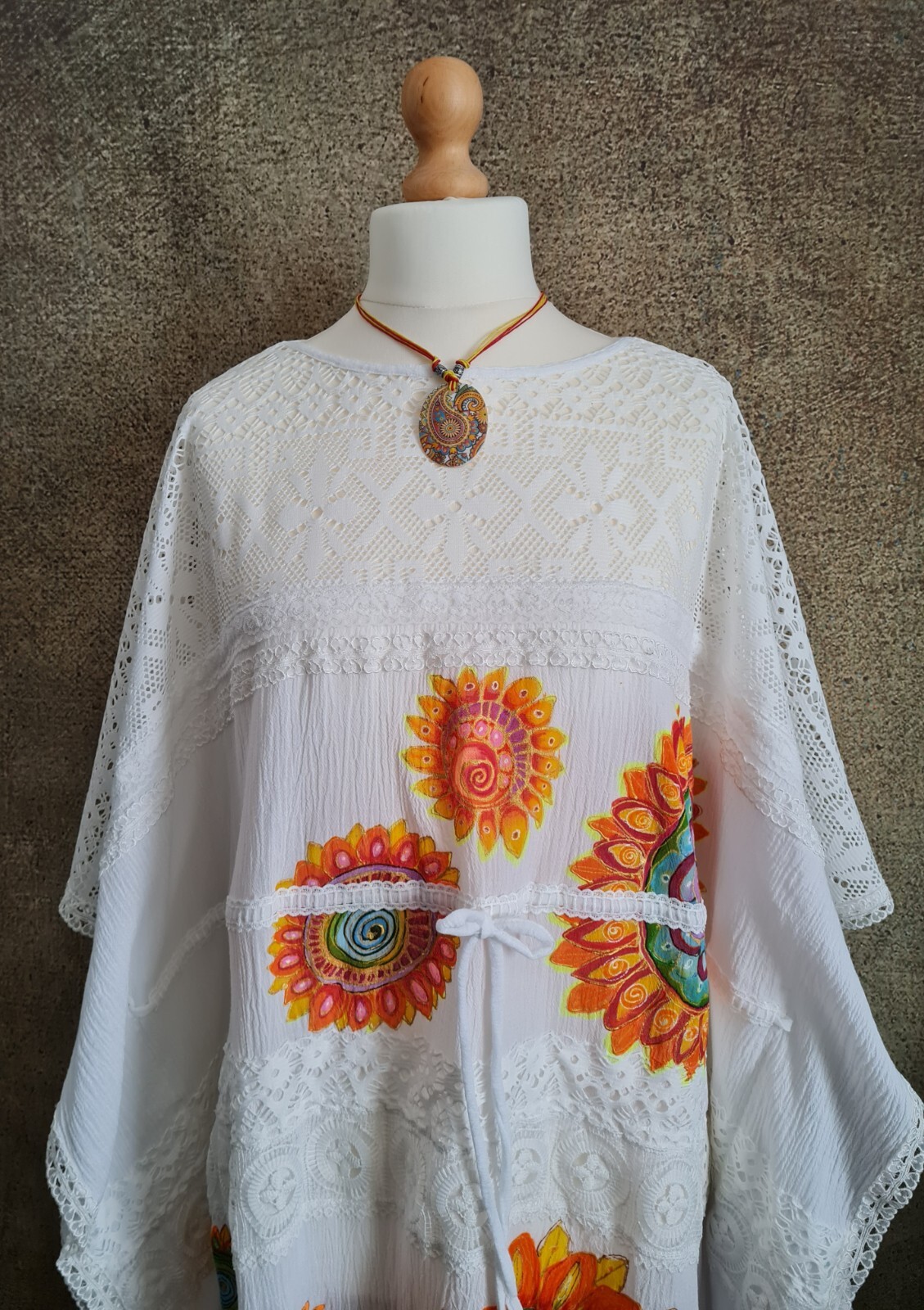 Bespoke Hand Painted Signed White Mandala Kaftan Party Holiday Beach Dress