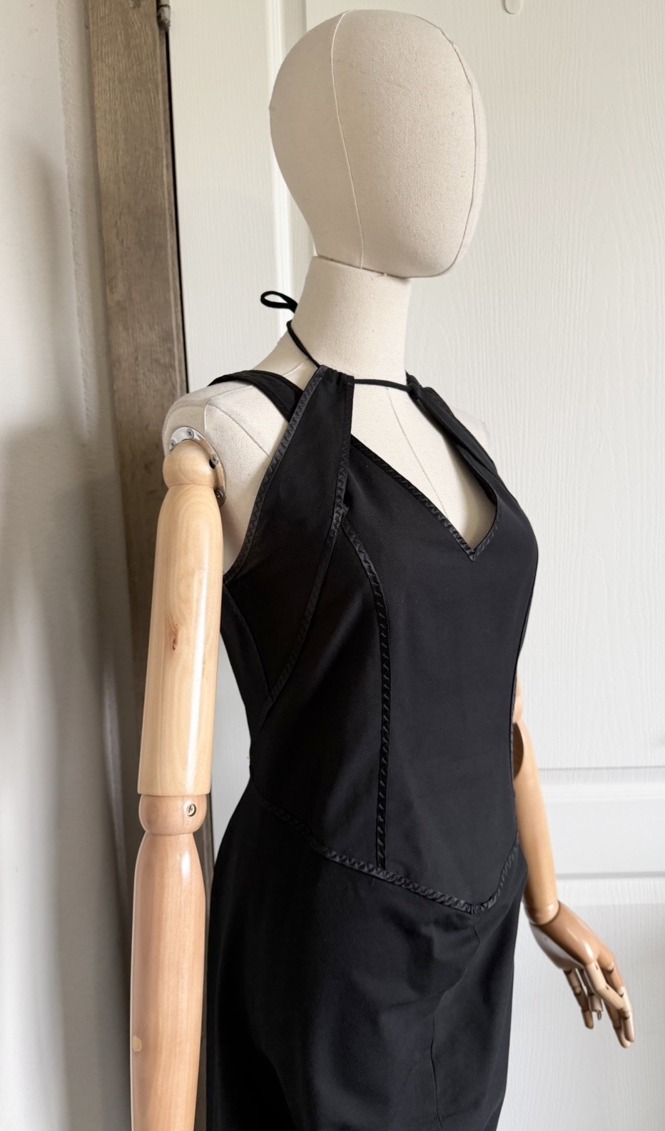 SPORTMAX Max Mara Sz US 12 Black Cotton Silk Trim Halter Pencil Midi Dress