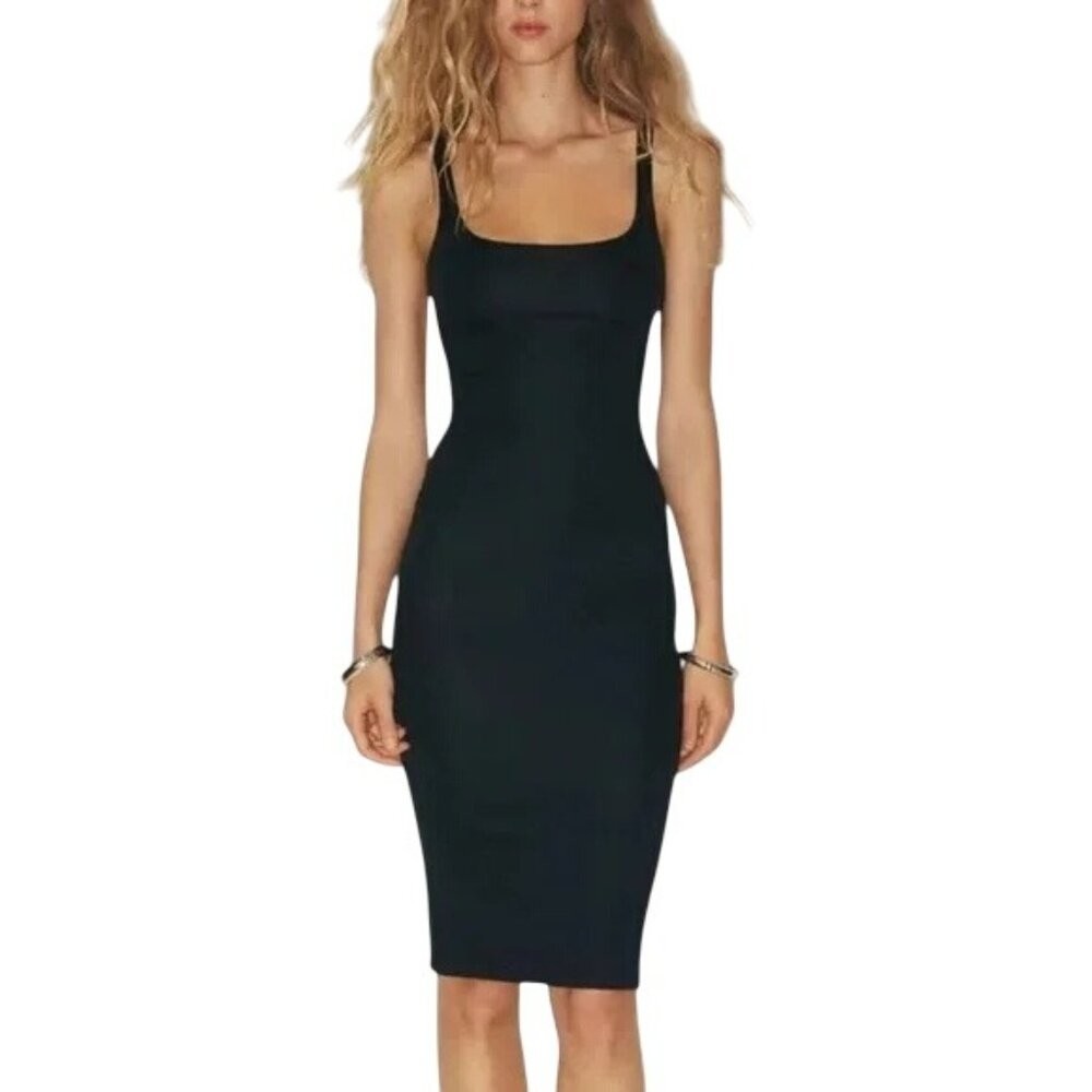 Zara Bodycon Tank Dress Sleeveless Knee Length Stretch Black – Small