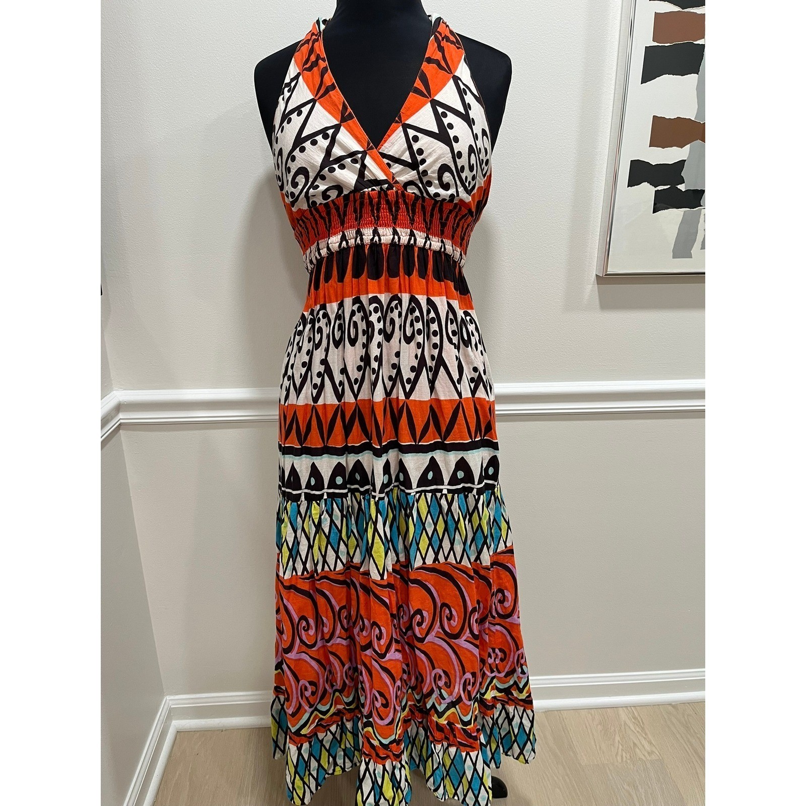 Apolla Womens Orange Geometric Tribal Print Cotton Halter Maxi Dress Size M