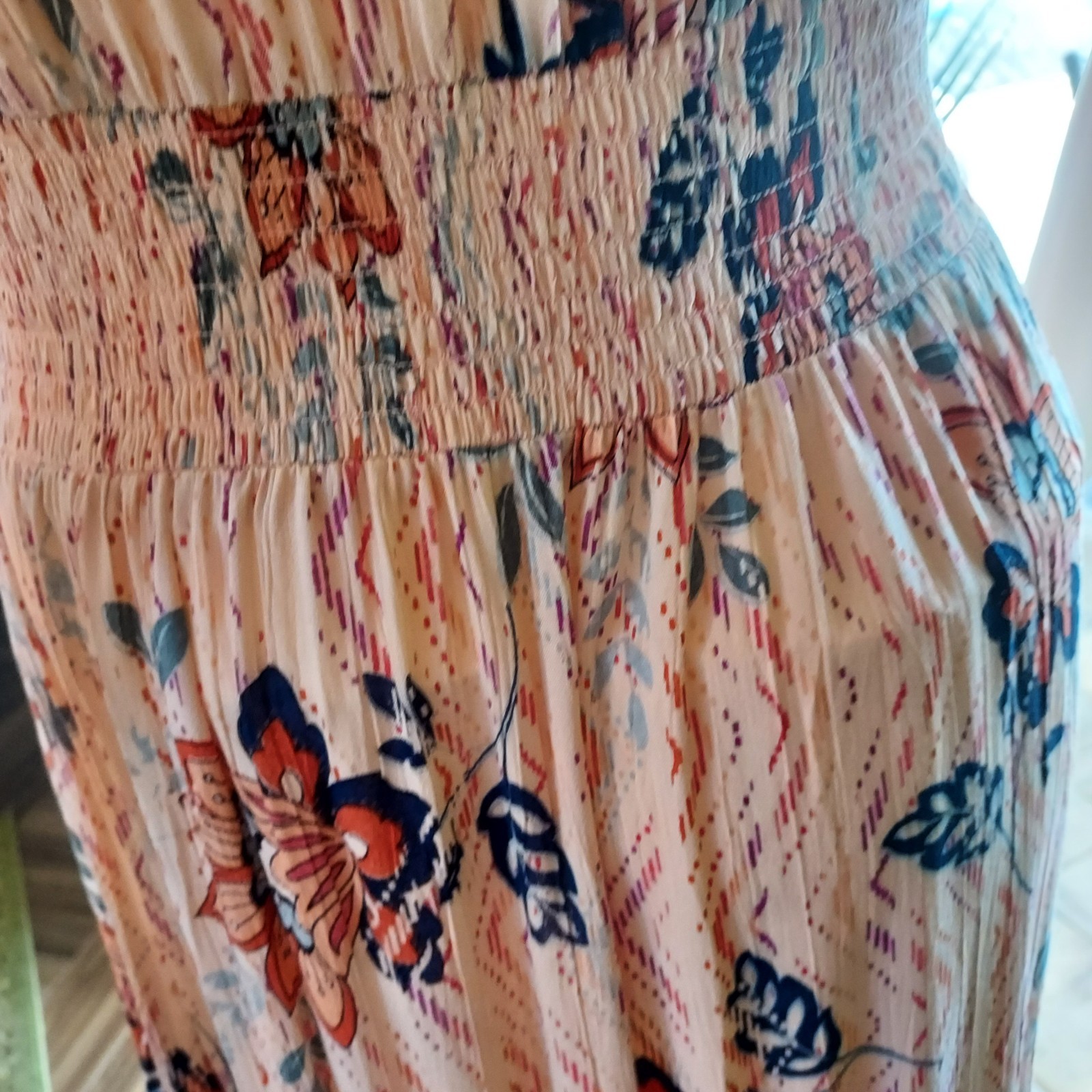 Sky and Sand Peach Floral Sleeveless Midi Dress Ruffle Tie Smocked with Hat.