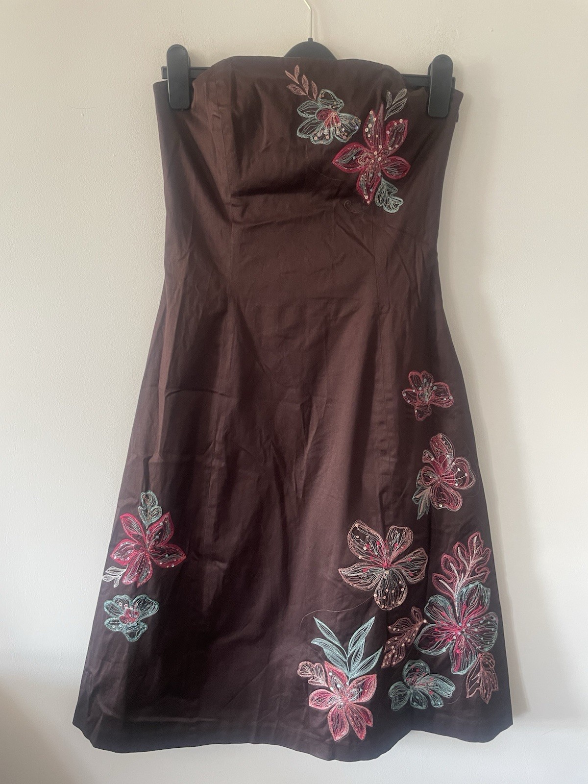 Coast Dress Brown Strapless Bandeau Occasion Embroidered Flower Beaded Size 10