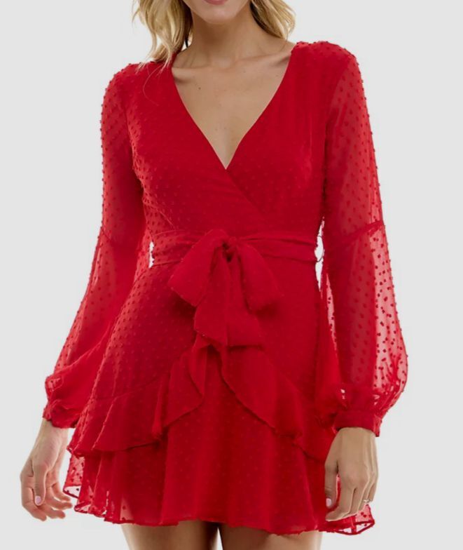 B Darlin Juniors’ Women’s Red Ruffled-Hem Faux-Wrap A-Line Dress Size 15