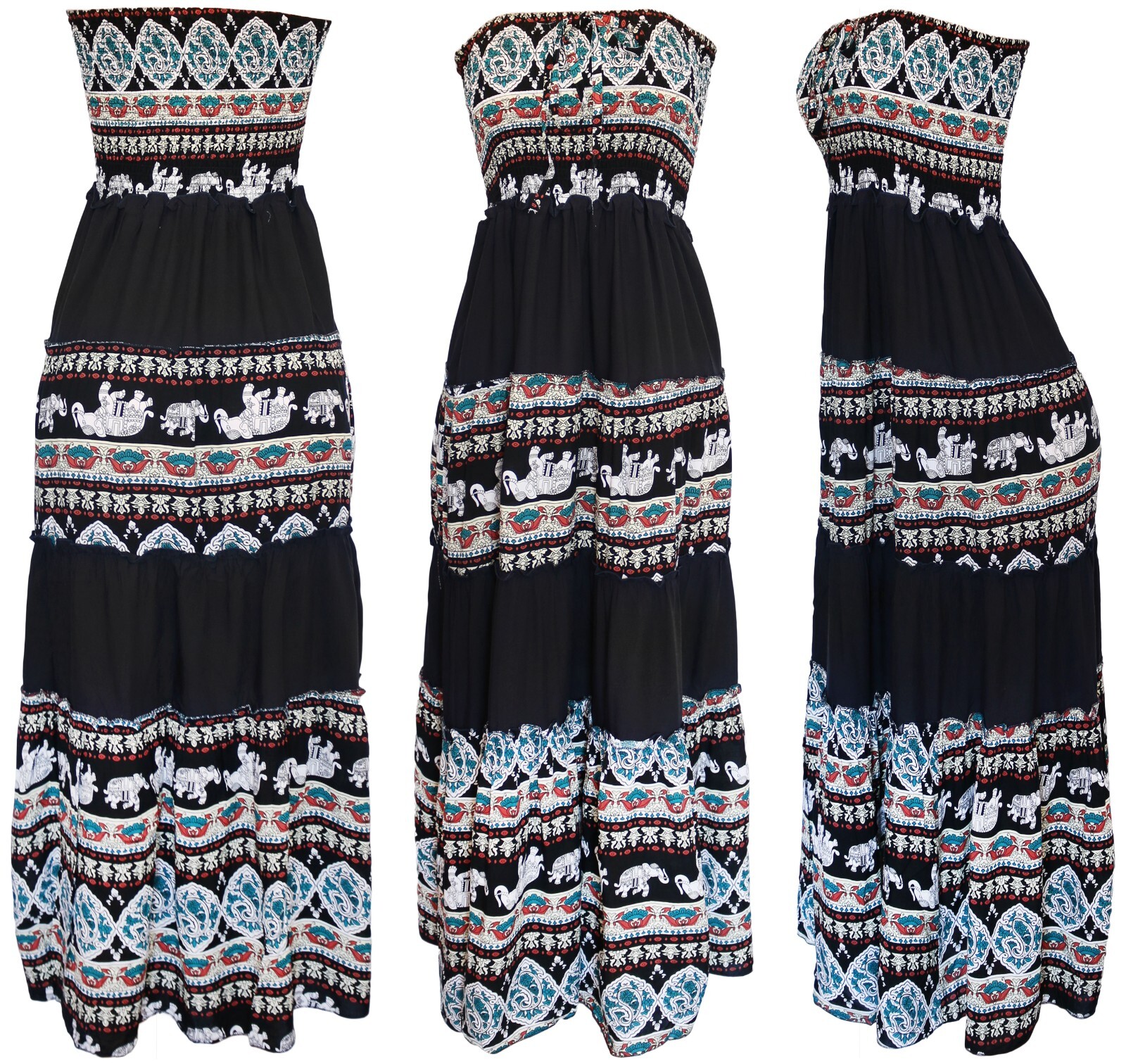 Womens Ethnic Cotton Blend Long Elephant Summer Smocked Strapless Gypsy Dress