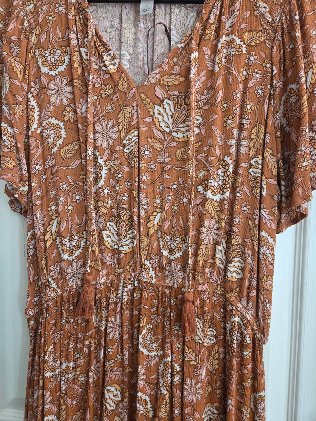 Knox Rose Dress Womens L Orange Rust Flutter Short Sleeve Tier Maxi Floral Boho