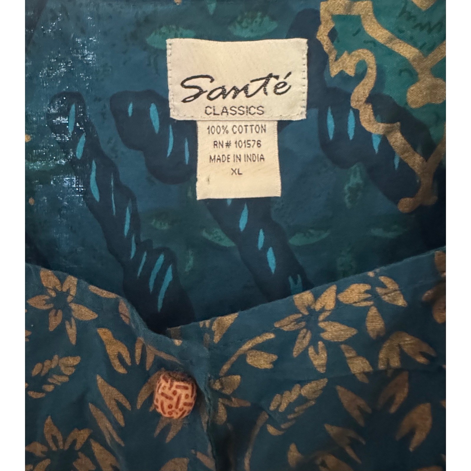 Sante Classics XL Blue Green Cotton Batik Print Empire Waist Midi Dress Pockets
